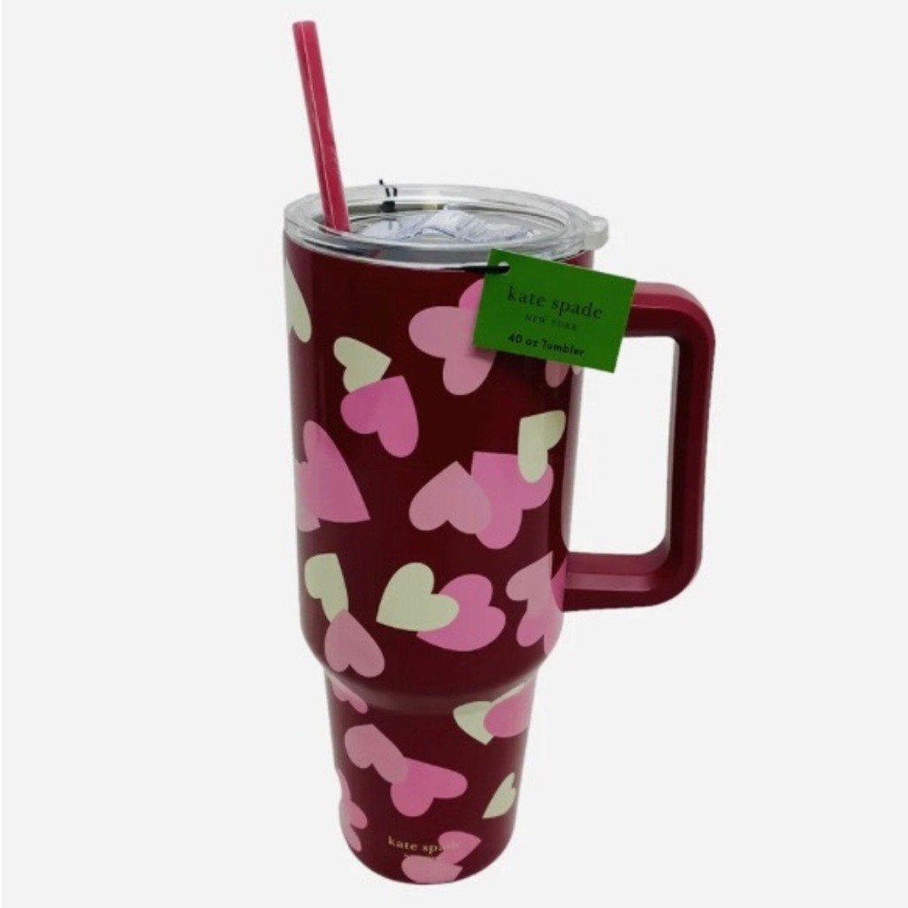 Kate Spade Hearts Stainless Steel w/ Straw Tumbler 40oz Red White & Pink Cup NWT